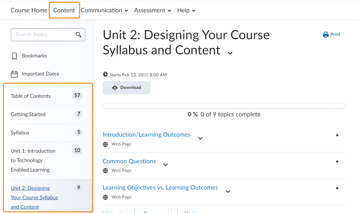 Course Content TOC Screen Capture